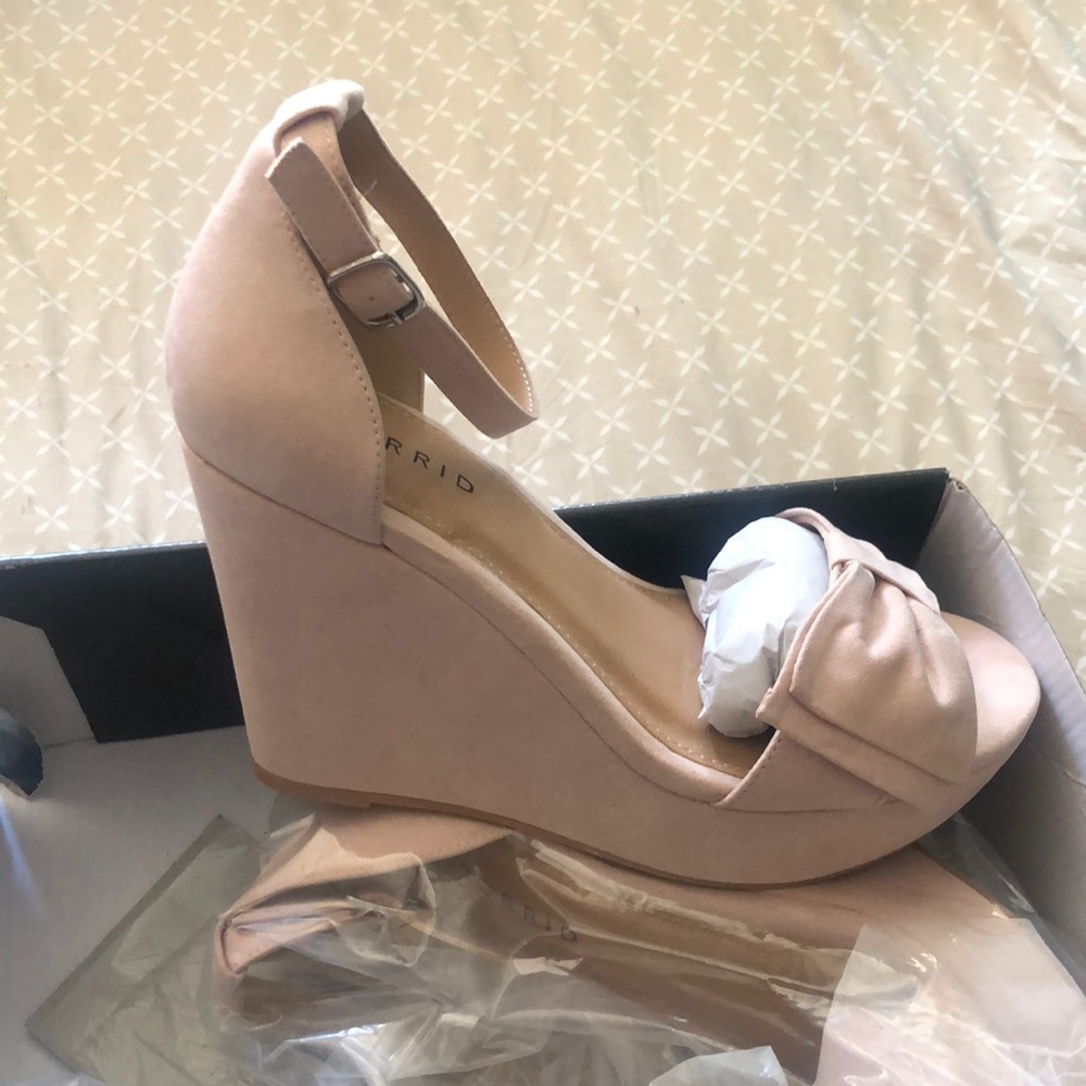 Torrid Shoes bow strap platform nude